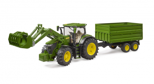 John Deere 7R 350 mit Frontlader und Tandemachstransportanhänger